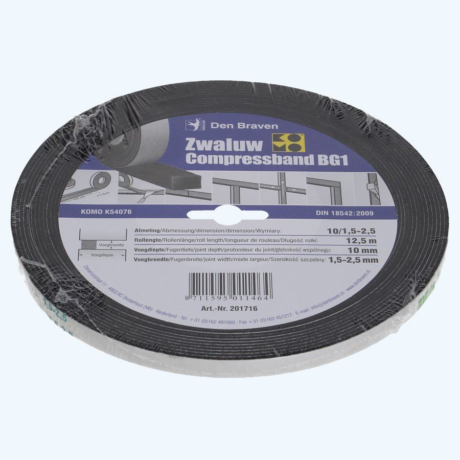 Compressband Zwaluw 10 mm / voeg 1,5-2,5 mm x 12,5 meter Compressband Zwaluw 10 mm / voeg 1,5-2,5 mm x 12,5 meter