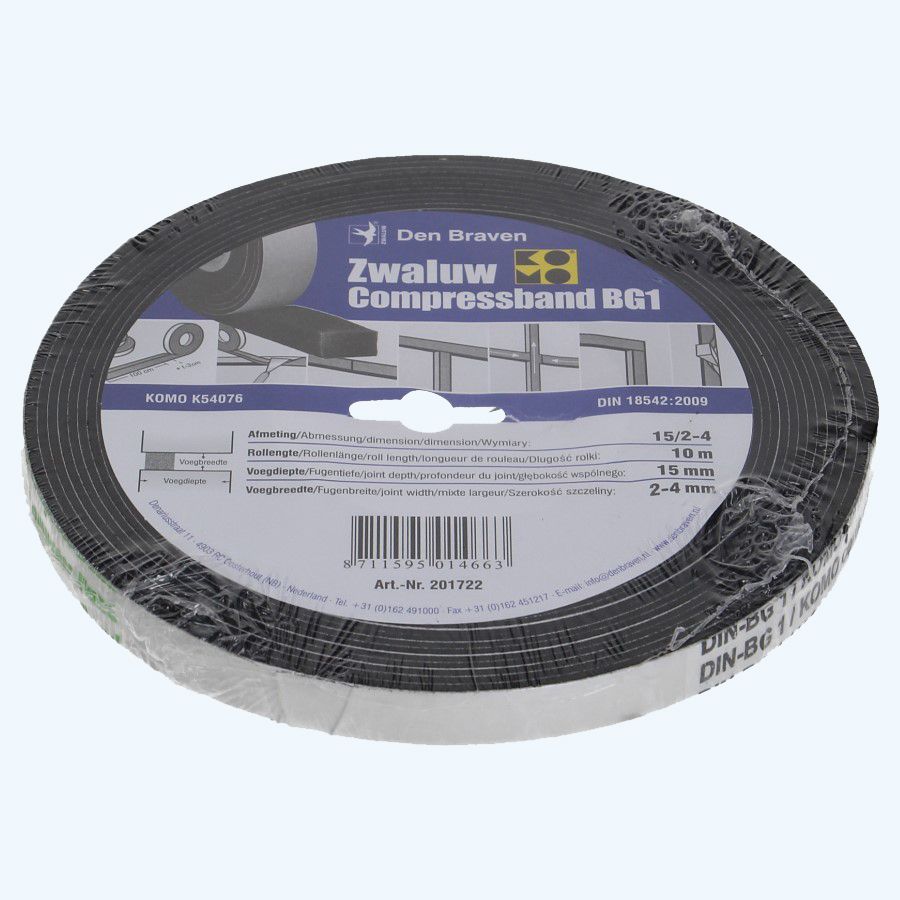 Compressband Zwaluw 15 mm / voeg 2-4 mm x 10 meter Compressband Zwaluw 15 mm / voeg 2-4 mm x 10 meter
