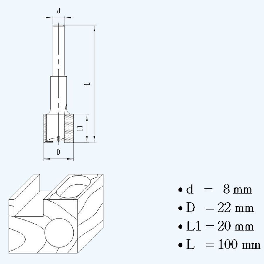 HM verlengde groeffrees 22 mm met ondersnijder HM verlengde groeffrees 22 mm met ondersnijder