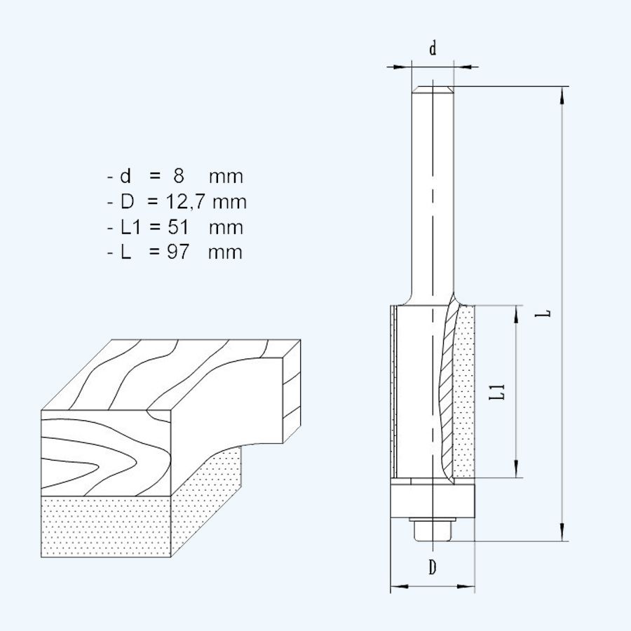 HM kantenfrees 12,7 x 51 mm met onderlager (met scherende sneden) HM kantenfrees 12,7 x 51 mm met onderlager (met scherende sneden)